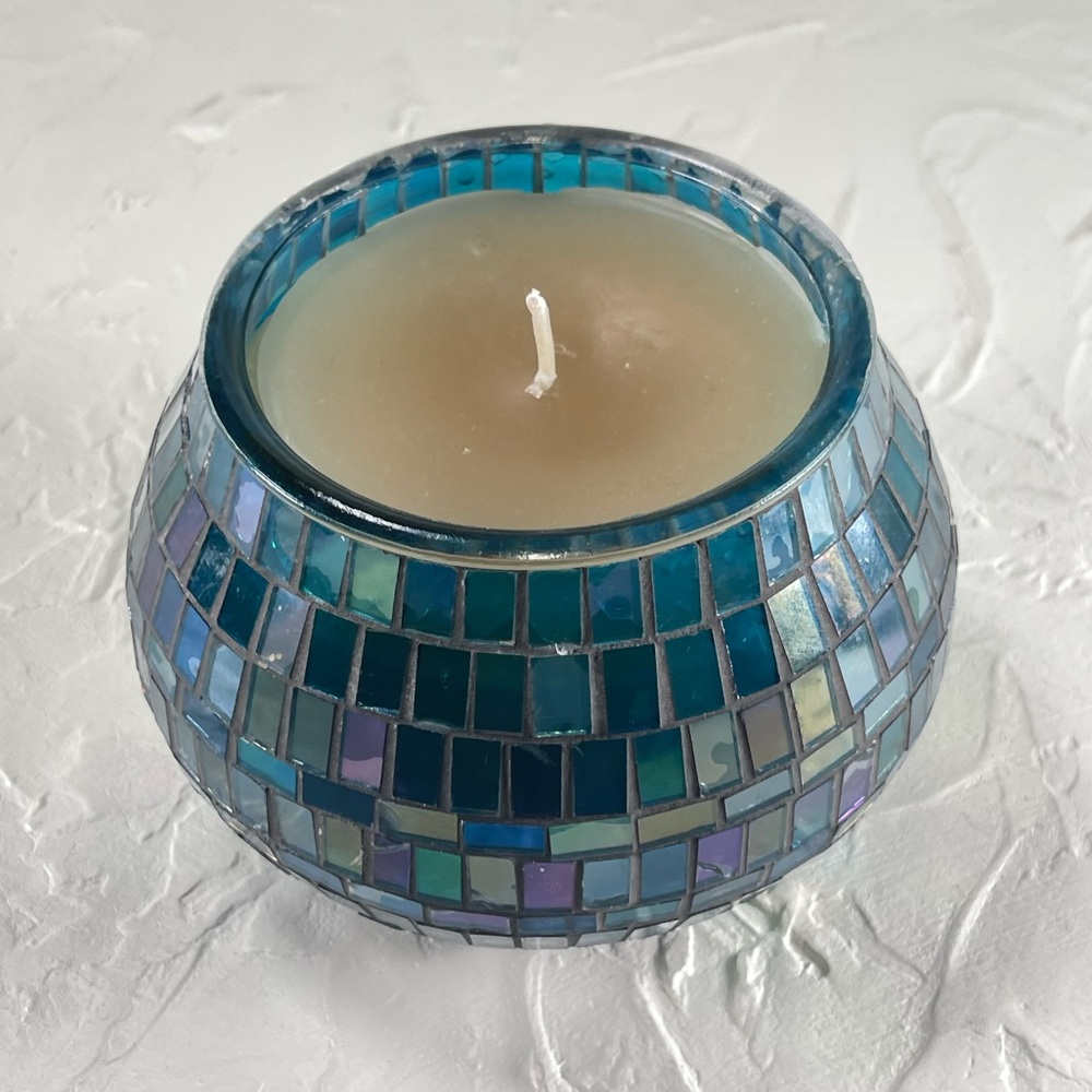 Mosaic Glass Candle Holder - Blue and Cream